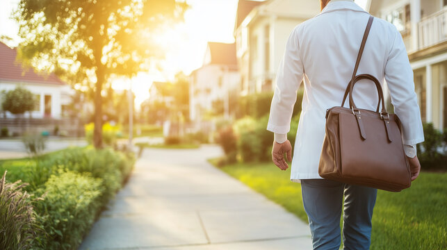 Healthcare professional carrying medical bag on residential street, providing essential care and support in the community, symbolizing dedication and service in healthcare.