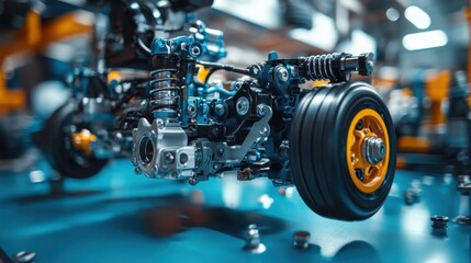 Fototapeta premium A detailed close-up of a car engine highlighting intricate components against a blue surface.
