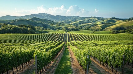 Fototapeta premium Vineyard Rows, Hills, Sunny Day