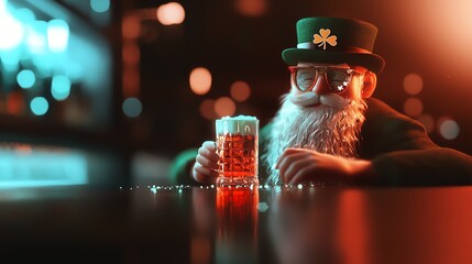 A cheerful leprechaun with a green hat enjoys a frothy beer in a lively pub setting, celebrating the joy of friendship and tradition.