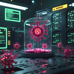 Set within a moody cyberpunk lab, the environment pulses with neon-green warning alerts flashing across futuristic monitors. 