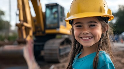 Young Girl Construction Worker - Smiling girl in a yellow hard hat, construction site background