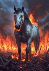 Fiery digital art depicts a grey horse engulfed in flames, standing amidst burning debris against a dark, stormy sky. Intense lighting and pixel art