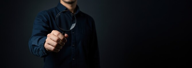 businessman with magnifying glass inspection and scrutiny concept with copy space.