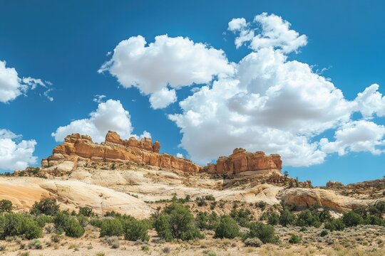 Clear blue sky with fluffy clouds above peaceful meadow - ideal for nature lovers and travel writers in need of stunning outdoor visuals for their projects