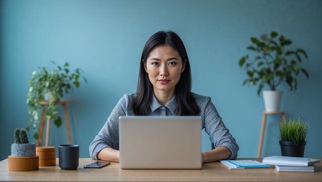 A young East Asian woman attending a virtual meeting in smart casual at a home office in closeup portrait on a plain soft blue background