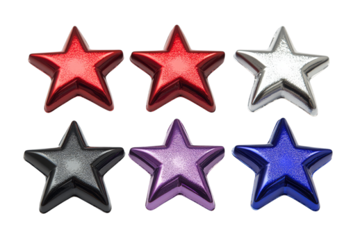 Colorful set of metallic 3d stars in red, silver, black, purple, and blue