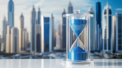 Photo of an hourglass with blue sand on a white background, with a city skyline in the blurry background