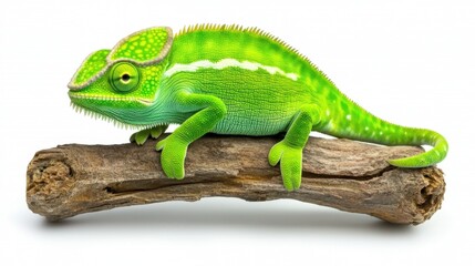 Vibrant green chameleon perched on a gray branch against a stark white background. The reptile's textured skin and long tail are clearly visible