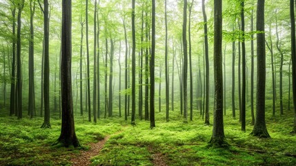 Fototapeta premium Walking Path Through a Dense Green Forest with Foggy Atmosphere