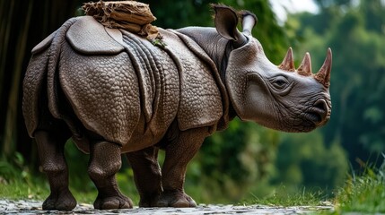 Fototapeta premium A realistic sculpture of a rhinoceros positioned on a stone path surrounded by lush greenery