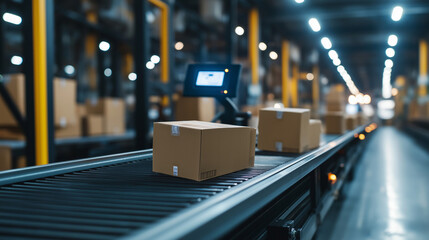 Close-up of an automated package sorter scanning and directing boxes on a conveyor belt.