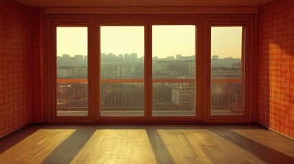 A room features a large window showcasing a panoramic view of a vibrant city skyline, blending comfort and urban scenery seamlessly.