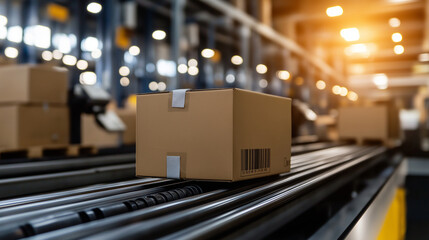 Barcode scanners process cardboard boxes on an automated conveyor in a high-tech fulfillment center.