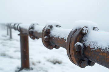 Snow-covered pipeline: A rusty, weathered pipe stands in a snowy landscape, its connectors adorned with snow, against a foggy backdrop.