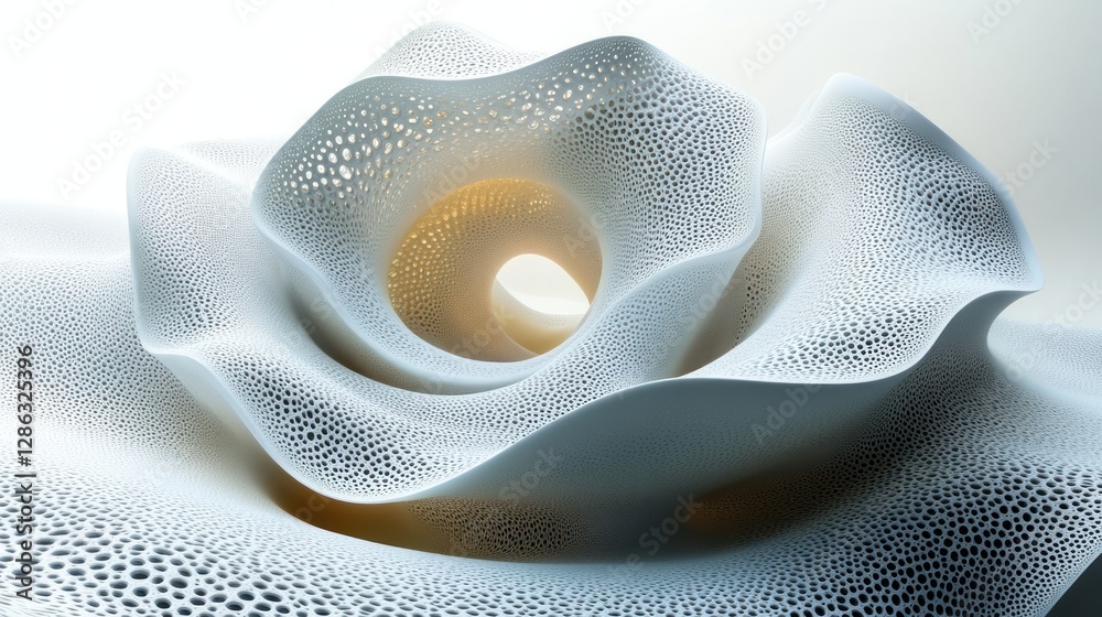 Poster abstract white 3d structure with intricate perforated pattern and glowing inner core.