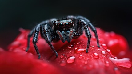 Fototapeta premium A captivating close-up of a jumping spider resting on a red flower, with sparkling dew drops adding a mesmerizing effect to the scene.