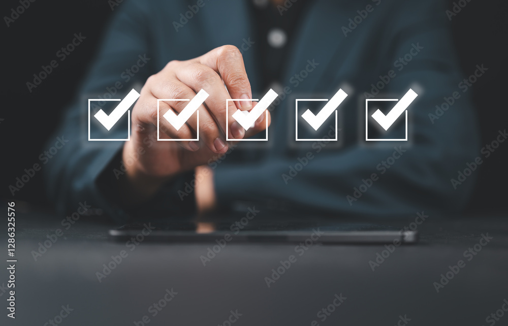 Poster inspector makes mark on the survey topic ,Checklist with checkmarks and checkboxes ,checklist ideas, online quality assessment ,checkbox to conduct opinion and satisfaction or quality surveys.