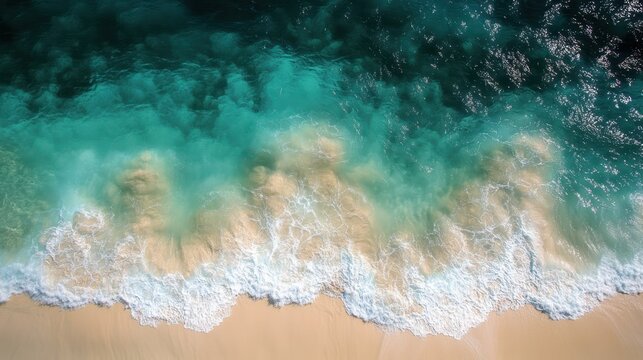 A stunning aerial view showcases a beach scene featuring a vibrant surfboard and crashing waves, capturing the essence of coastal adventure and relaxation.