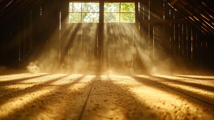 Sunlight streams through the weathered beams of an old barn, illuminating dust particles that dance in the warm light on the aged wooden floor, evoking nostalgia