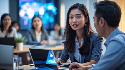 A young Southeast Asian woman leading an online marketing seminar for global clients