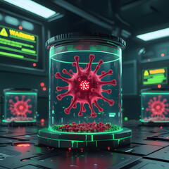 Set within a moody cyberpunk lab, the environment pulses with neon-green warning alerts flashing across futuristic monitors. 