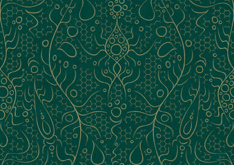 Hand-drawn unique abstract symmetrical seamless gold ornament on a dark cold green background. Paper texture. Digital artwork, A4. (pattern: p13-2a)
