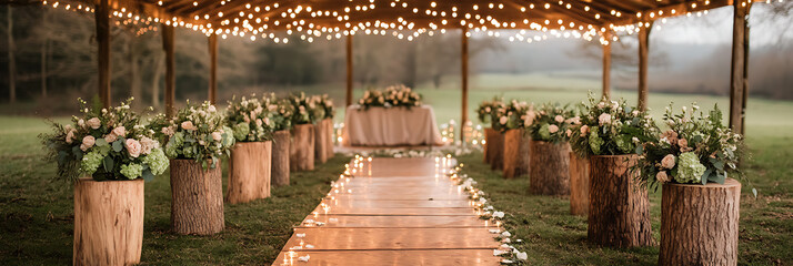 Rustic outdoor wedding ceremony with wooden aisle, flower arrangements on tree stumps, and string lights creating a warm, inviting atmosphere.