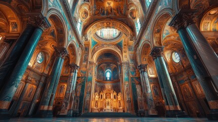 Obraz premium Aerial view showcasing a majestic cathedral featuring an ornate clock and vibrant stained glass windows, illustrating architectural grandeur and artistry.