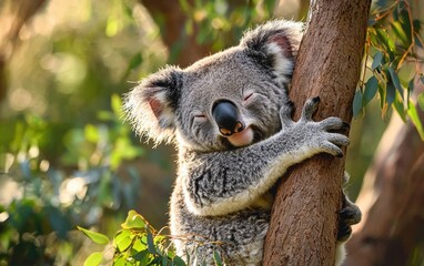Professional stock photo of a Sleepy koala clinging to a tree branch in a eucalyptus forest