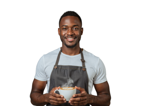 A smiling young African American man wearing an apron holds a steaming cup of coffee, standing against a transparent background