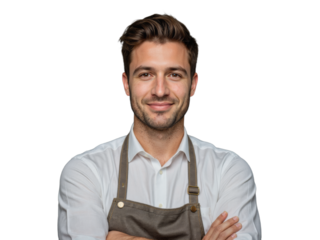 A man wearing an apron stands against a transparent background