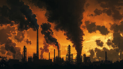 Obraz premium Industrial Pollution Dark Smoke from Factory Chimneys at Sunset