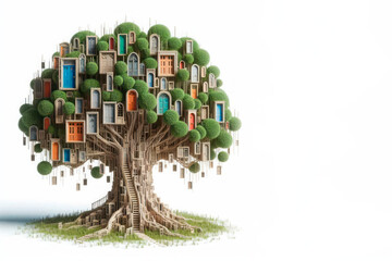 A tree with many doors and stairs. Space for text.