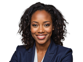 An African American woman wearing a navy blazer and white blouse is smiling warmly.