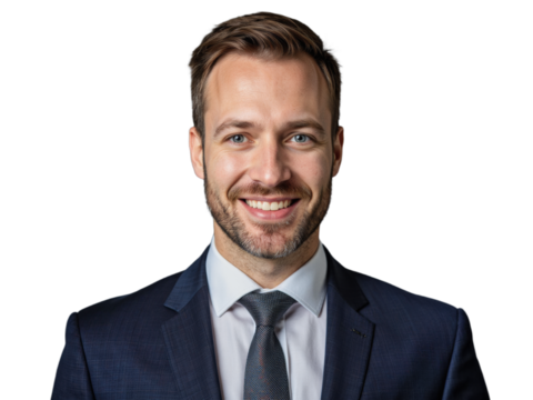 A professional man in a suit and tie stands against a transparent background