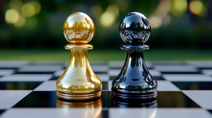Close up of a gold and black chess pawn on a checkered board, set against a blurred green background. The pawns are highly polished and reflective