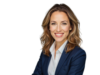 A professional woman wearing a dark suit and white shirt stands in an office setting against a transparent background