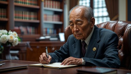 Fototapeta premium An elderly East Asian man writing notes in a leather chair with a law office filled with bookshelves in the background