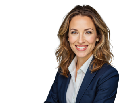 A professional woman wearing a dark suit and white shirt stands in an office setting against a transparent background