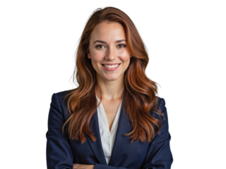 A woman with long, wavy brown hair wearing a navy blue blazer and white shirt stands indoors against a transparent background