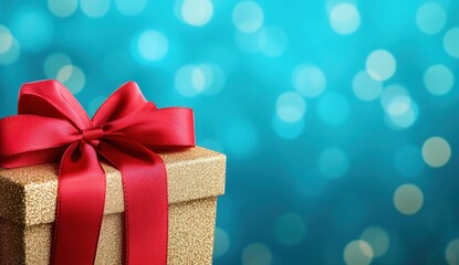 Fototapeta premium Gold gift box with red ribbon against a teal bokeh background. Festive and celebratory mood