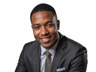 A man dressed in a suit and tie poses against a transparent background