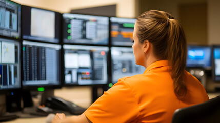 Female Security Officer Monitoring Multiple High-Tech Screens in Control Room