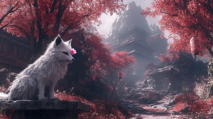 Majestic White Fox in a Serene Japanese Landscape