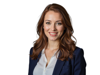 A portrait of a professional woman wearing a navy blue blazer and white blouse, standing against a transparent background