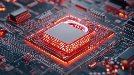 Fototapeta premium Abstract close up of a glowing red circuit board with a central microchip featuring a padlock symbol, illustrating digital security and data