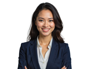 A confident businesswoman with long dark hair in a professional navy blue blazer and white collared shirt, standing against a transparent background