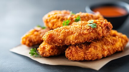 A plate of succulent fried chicken garnished with fresh herbs sits invitingly on a dark background, ideal for capturing the essence of comfort food in an enticing manner.