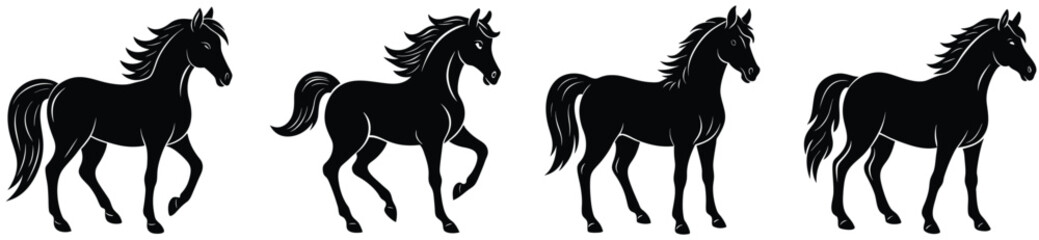 Set of horses silhouette. Horse Black and White Square Icon. Horse Icon on Black and White Vector Backgrounds. Arabian horse silhouette.